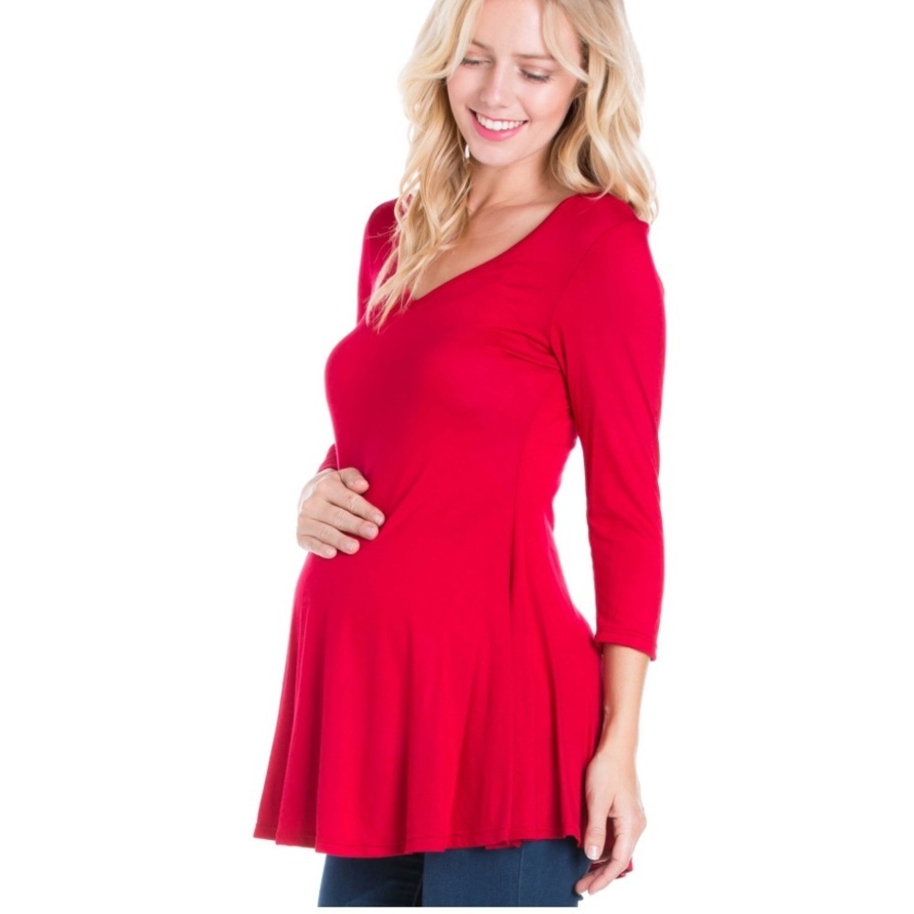 24seven Comfort Apparel Three Quarter Sleeve V-Neck Maternity Tunic‎ Top Red NEW